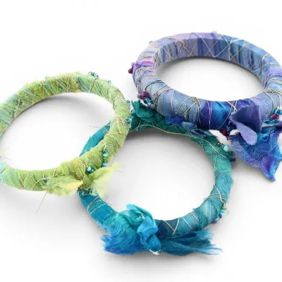 Sale Photo Thumbnail #100: 3pc Sari Silk Wrapped Beaded Bangle Bracelet
