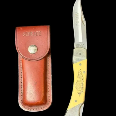 LH123HI - Vintage Schrade Scrimshaw SC705 Folding Knife with Case