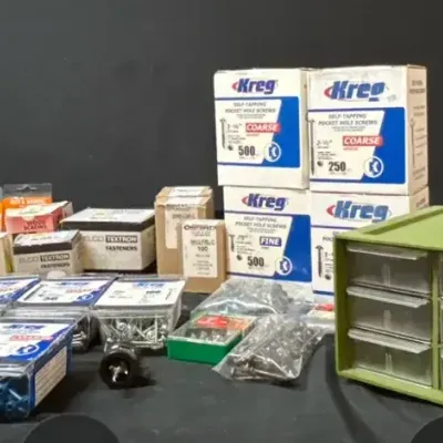 LH404HI - Large Kreg Pocket Hole Screw and Fastener Lot/ Drill Attachment, Rivets, and Hardware 