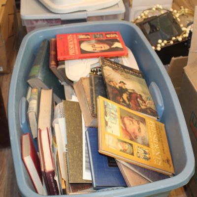 Sale Photo Thumbnail #16: Large blue plastic storage bin filled with vintage books, including historical and presidential biographies, surrounded by cardboard moving boxes.