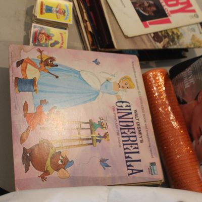 Vintage Walt Disney's Cinderella read-along book and record set, shown alongside other vintage vinyl records, magazines, and trading...
