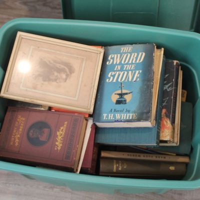 Sale Photo Thumbnail #22: Assorted vintage books and a small framed print packed inside a teal plastic storage bin, featuring titles like "The Sword in the Stone" by T.H. White and "History of Greece".