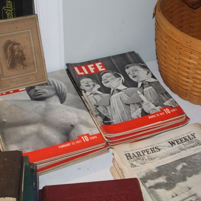 Vintage Life magazines from February and March 1937, shown alongside a Harper's Weekly newspaper, a small framed portrait, and woven...
