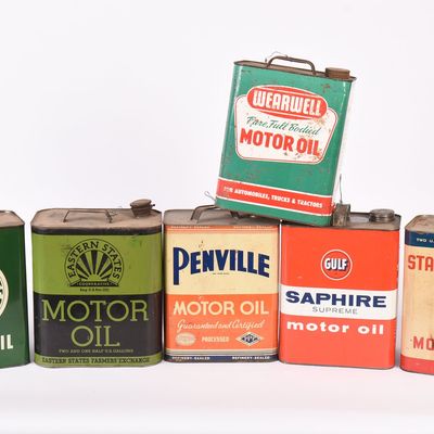 Sale Photo Thumbnail #34: Six Vintage Motor Oil Cans.
