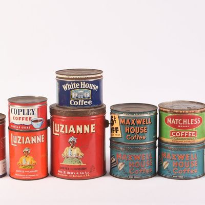 Sale Photo Thumbnail #25: Thirteen Vintage Coffee Tins and a Jar.