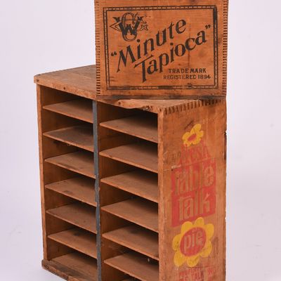 Sale Photo Thumbnail #45: Vintage Table Talk Pie Shelves Circa 1970s, and Antique Advertising Crate.