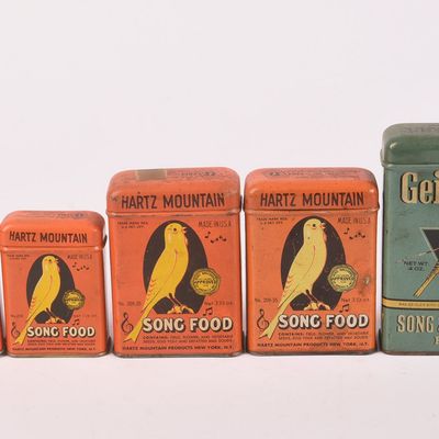 Sale Photo Thumbnail #26: Five Vintage Bird Food Tins.