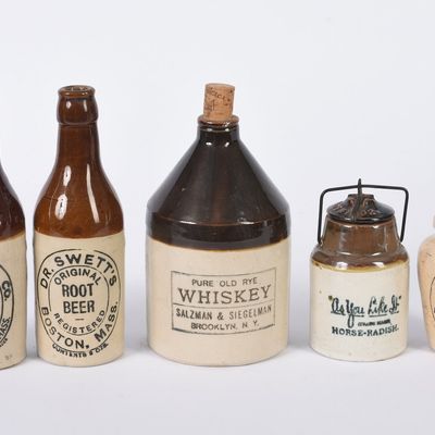 Sale Photo Thumbnail #38: Five Small Stoneware Jars, Bottles, and a Jug.