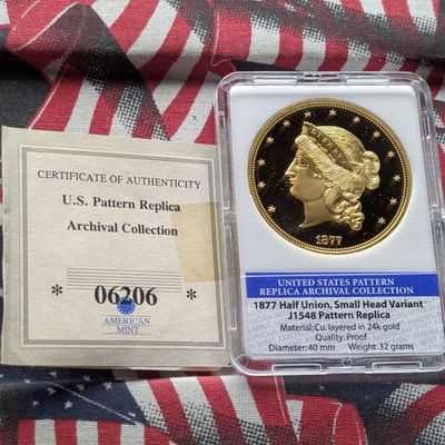 *COPY* 1877 Half Union, Small Head Variant Pattern Replica, PROOF 24KT. Gold Layered