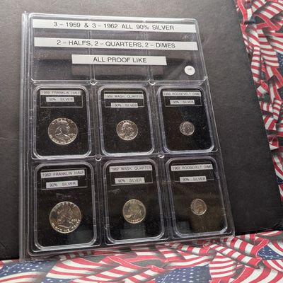 Sale Photo Thumbnail #129: 1959 Franklin Half Dollar, 1959 Washington Quarter, 1959 Roosevelt Dime, 1962 Franklin Half Dollar, 1962 Washington Quarter and 1962 Roosevelt Dime - ALL 90% Silver, All Proof Like
