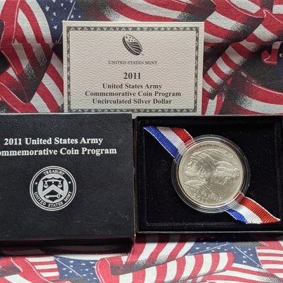 2011-S Uncirculated US Army Commemorative 90% Silver Dollar with Box & COA, 26.73 Grams