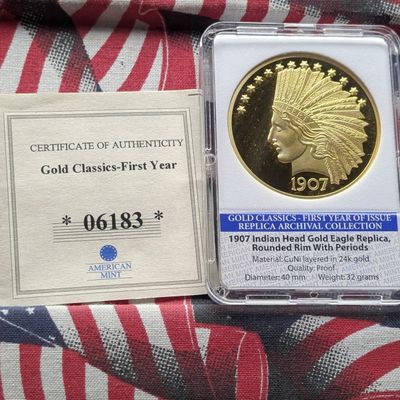 Sale Photo Thumbnail #265: *COPY* American Mint 1907 Indian Head Gold Eagle Replica PROOF, 24KT Gold Layered