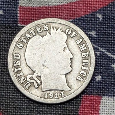 Sale Photo Thumbnail #213: 1914 Barber 90% Silver Dime, 112 Years old!