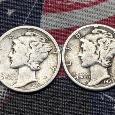 Sale Photo Thumbnail #220: (2) 1936 Mercury 90% Silver Dimes, 90 Years old