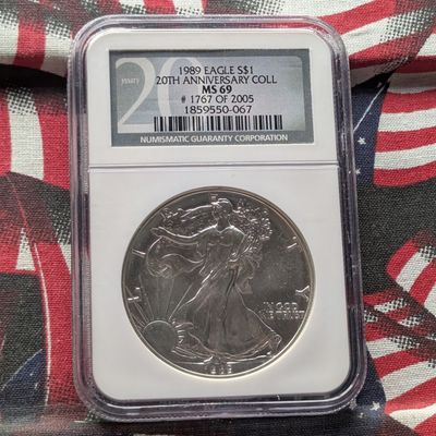 Sale Photo Thumbnail #227: 1989 American Silver Eagle One Troy Oz. .999 Fine Silver NGC MS 69 - 20th Anniversary Collection