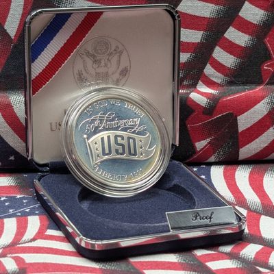 Sale Photo Thumbnail #232: 1991-S USO 50th Anniversary Commemorative Proof 90% Silver Dollar, 26.73 Grams