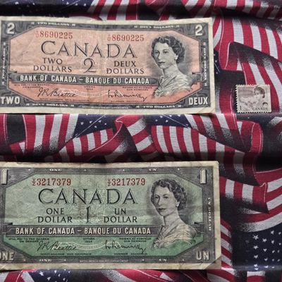 Sale Photo Thumbnail #119: 1954 Canada $1 & $2 Note - Includes Stamp