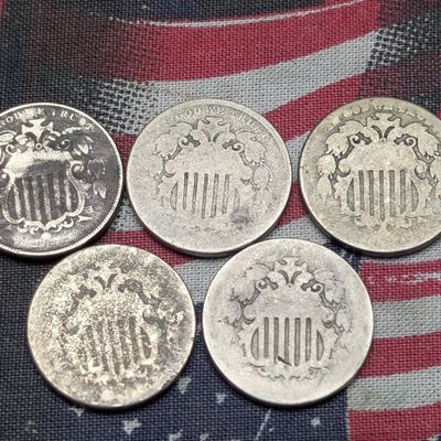 Sale Photo Thumbnail #254: (5) Low Grade w/ No Dates Shield Nickels