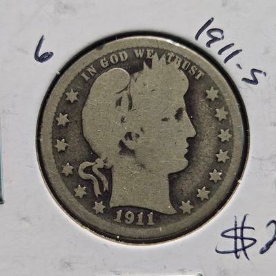 Sale Photo Thumbnail #163: 1911-S Barber 90% Silver Quarter - 115 Years Old!