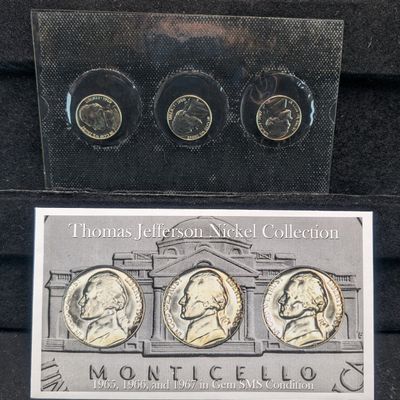 1965, 1966, & 1967 Jefferson Nickel Collection In Gem SMS Condition In OGP