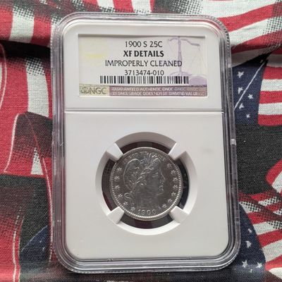 Sale Photo Thumbnail #313: 1900-S Barber 90% Silver Quarter NGC XF Details Improperly Cleaned, 126 years old!