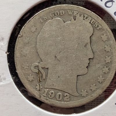 Sale Photo Thumbnail #299: 1902-S Barber 90% Silver Quarter - 124 Years Old!