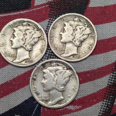 Sale Photo Thumbnail #156: 1935 P, D, & S Mercury 90% Silver Dimes - Complete Year Set!