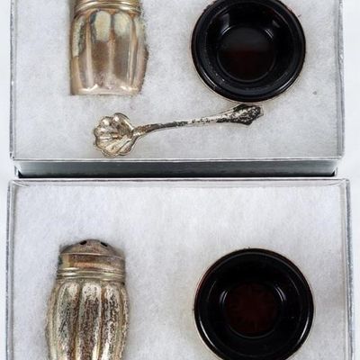 Sale Photo Thumbnail #339: STERLING SILVER SALT CELLARS & GLASS SHAKERS 2 SET