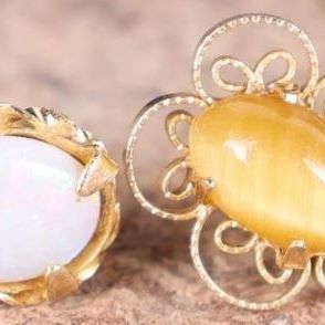 Sale Photo Thumbnail #57: 14K YELLOW GOLD LADIES EARRINGS TIGERS EYE OPAL -2