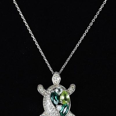 Sale Photo Thumbnail #142: 0.925 SILVER EMERALD AQUA PERIDOT TURTLE NECKLACE