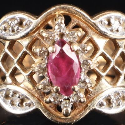 Sale Photo Thumbnail #32: 10K YELLOW GOLD RUBY DIAMOND FILIGREE LADIES RING