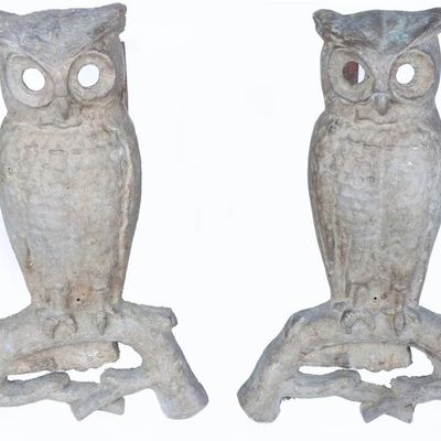 Sale Photo Thumbnail #40: ANTIQUE OWL ANDIRONS PAIR BRASS PS&W CO FIREPLACE
