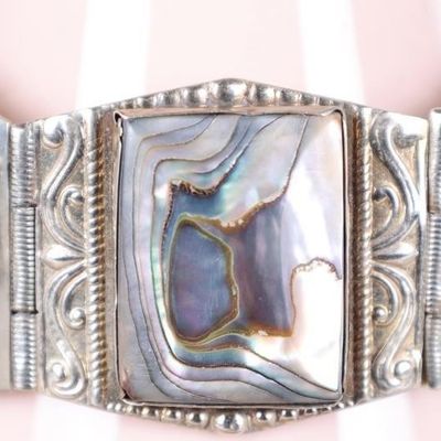 Sale Photo Thumbnail #136: STERLING SILVER CARVED ABALONE LADIES BRACELET