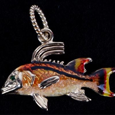 Sale Photo Thumbnail #394: 14K YELLOW GOLD EMERALD ENAMEL HOG SNAPPER PENDANT