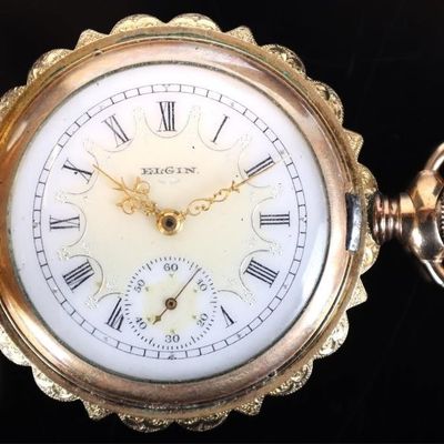 Sale Photo Thumbnail #159: 14K YELLOW GOLD ORNATE ENGRAVED ELGIN POCKETWATCH