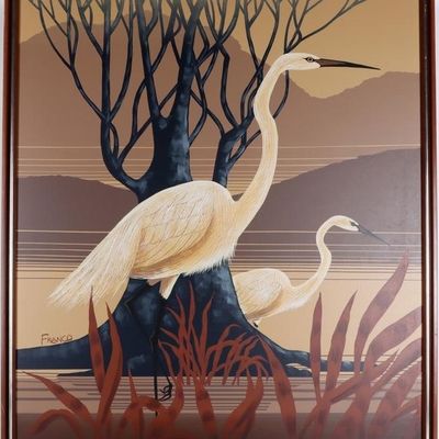 Sale Photo Thumbnail #261: "EGRETS" FRANCO 1970'S OIL ON CANVAS FRAMED