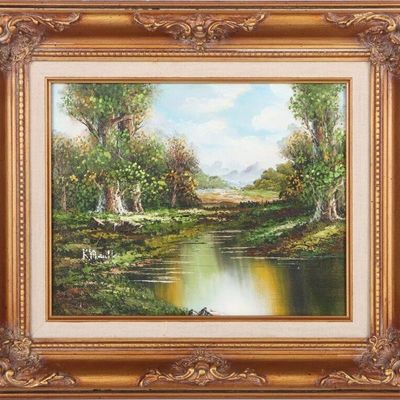 Sale Photo Thumbnail #260: KONRAD MEINDL VTG OIL ON CANVAS LANDSCAPE PAINTING