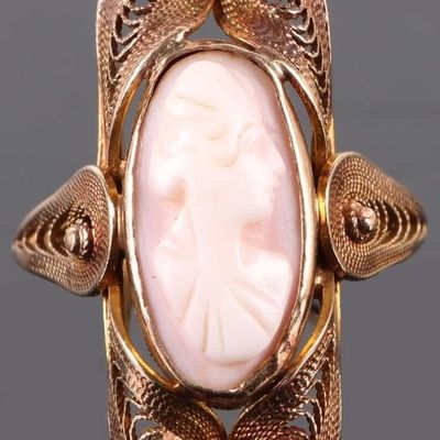 Sale Photo Thumbnail #347: 1920'S ART DECO FILIGREE CAMEO 10K GOLD RING