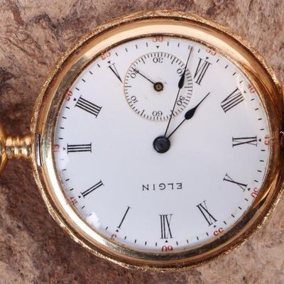 Sale Photo Thumbnail #303: 14K ANTIQUE ELGIN POCKET WATCH FUNCTIONAL
