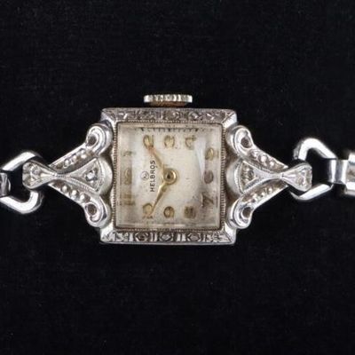 Sale Photo Thumbnail #116: ANTIQUE HELBROS 14K WHITE GOLD LADIES WATCH