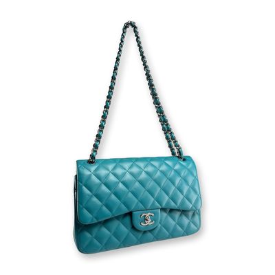 Sale Photo Thumbnail #4: Chanel Paris Turquoise Quilted Leather Jumbo Double Flap Bag w/ COA