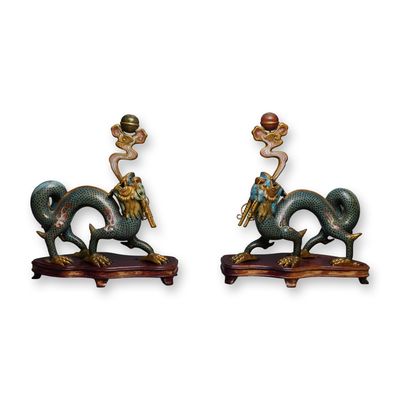Sale Photo Thumbnail #294: 2pc Chinese Cloisonne Dragon-Form Pricket Candlesticks, Pair of Altar Ornaments