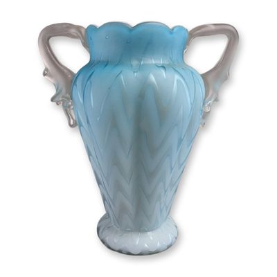 Sale Photo Thumbnail #19: Victorian Blue Herringbone Mother of Pearl Satin Glass Vase with Handles