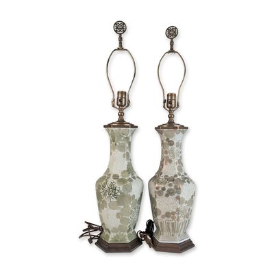 Sale Photo Thumbnail #560: Pair of Hexagonal Baluster Thousand Bloom Porcelain Lamps