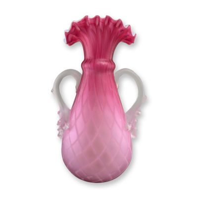 Sale Photo Thumbnail #21: Victorian Mother of Pearl Rose Diamond Quilted Satin Glass Vase with Handles
