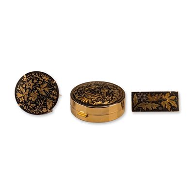 Sale Photo Thumbnail #542: 3pc Spanish Damascene Toledo Brooches and Pillbox