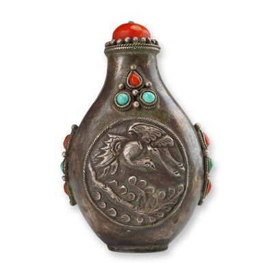 Sale Photo Thumbnail #549: Mongolian Silver Repousse Snuff Bottle, Crane and Branch