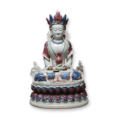 Sale Photo Thumbnail #498: Porcelain Guanyin Red and Blue Glaze Sculpture