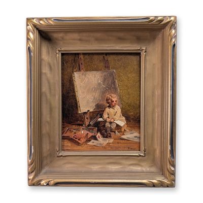 Sale Photo Thumbnail #334: Attributed to Thomas Hill (American 1829-1908) Oil on Board, The Budding Artist, Signed