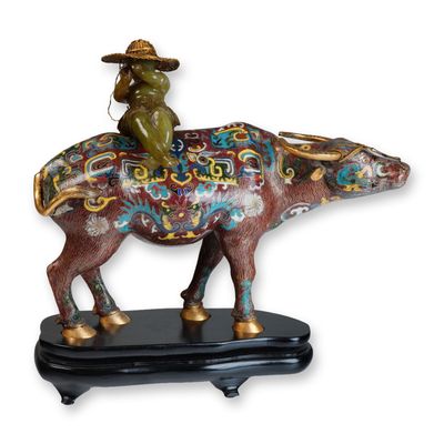 Sale Photo Thumbnail #680: 4pc Chinese Cloisonne Ox with Stone Boy, Gilt Hat, and Wooden Base
